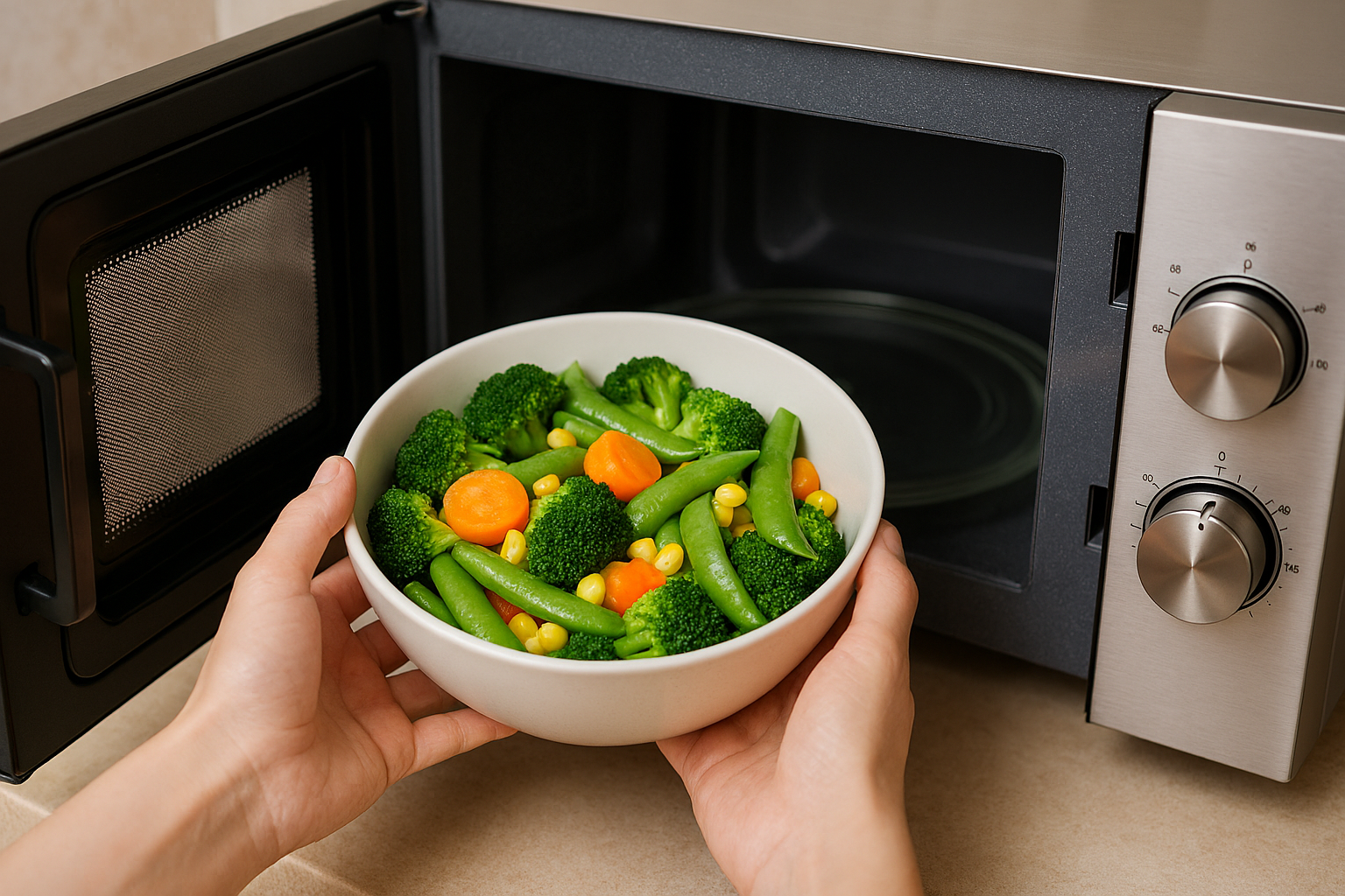 전자레인지로 채소를 조리하는 모습