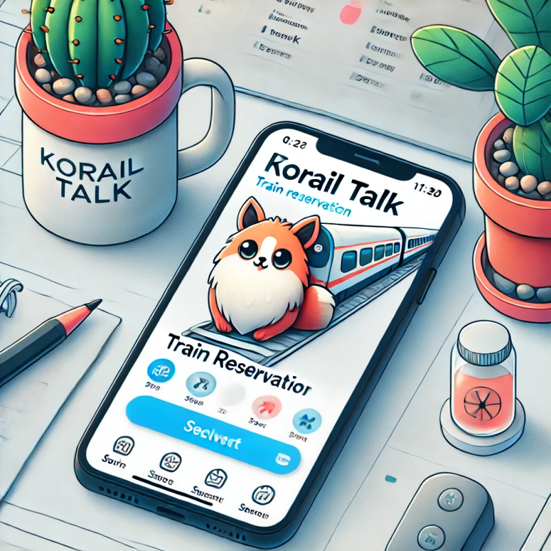 코레일톡 앱의 열차 예약 메뉴를 강조한 스마트폰 화면의 현대적이고 깔끔한 인터페이스 일러스트