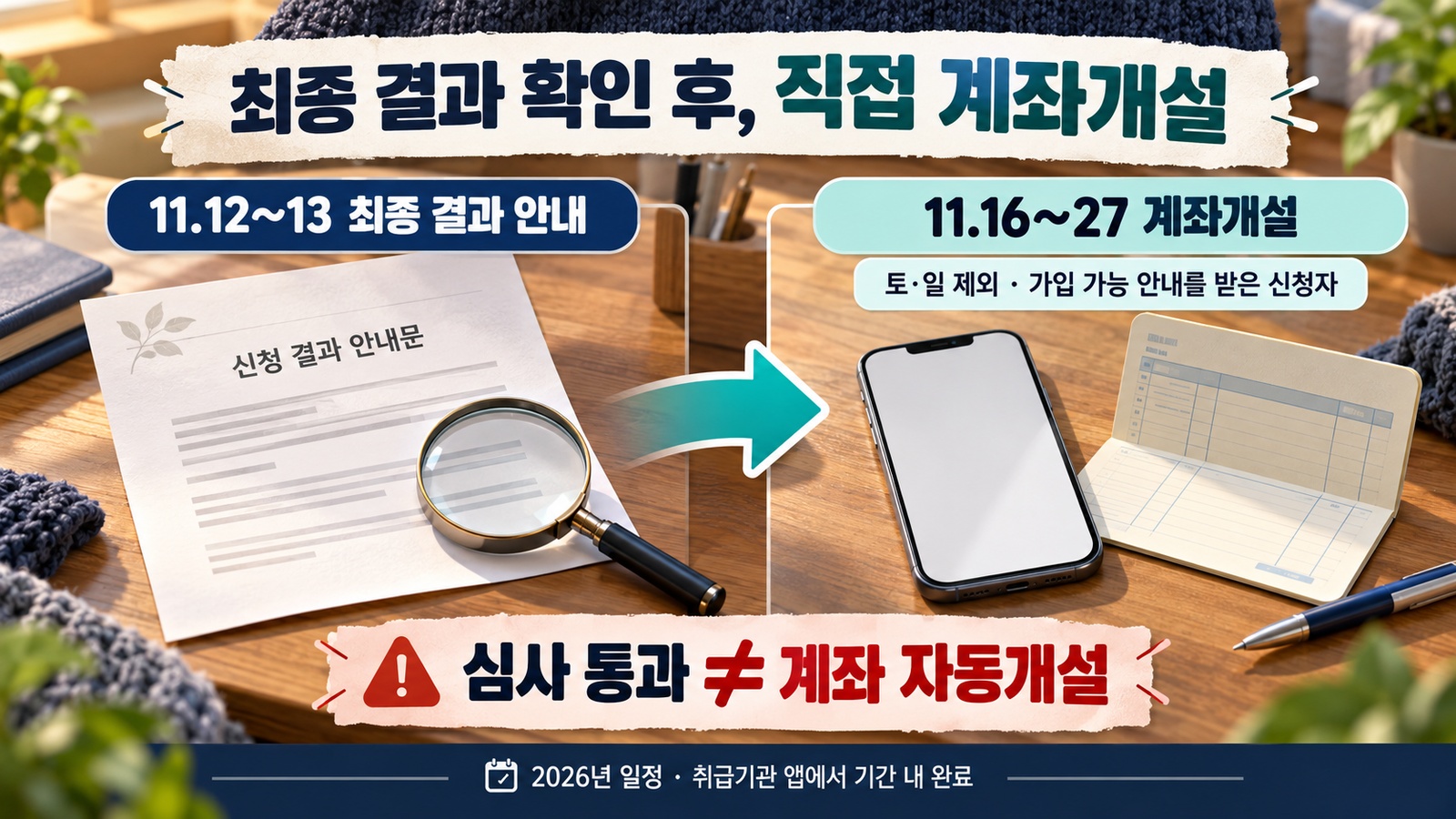 11월 12~13일 최종 결과 확인과 11월 16~27일 직접 계좌개설을 구분하고 자동개설이 아님을 강조한 인포그래픽