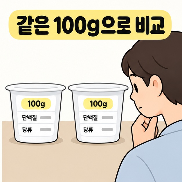 같은 100g으로 비교 문구 아래 소비자가 100g 기준과 단백질 및 당류 항목이 표시된 두 요거트 컵을 나란히 놓고 비교하는 모습