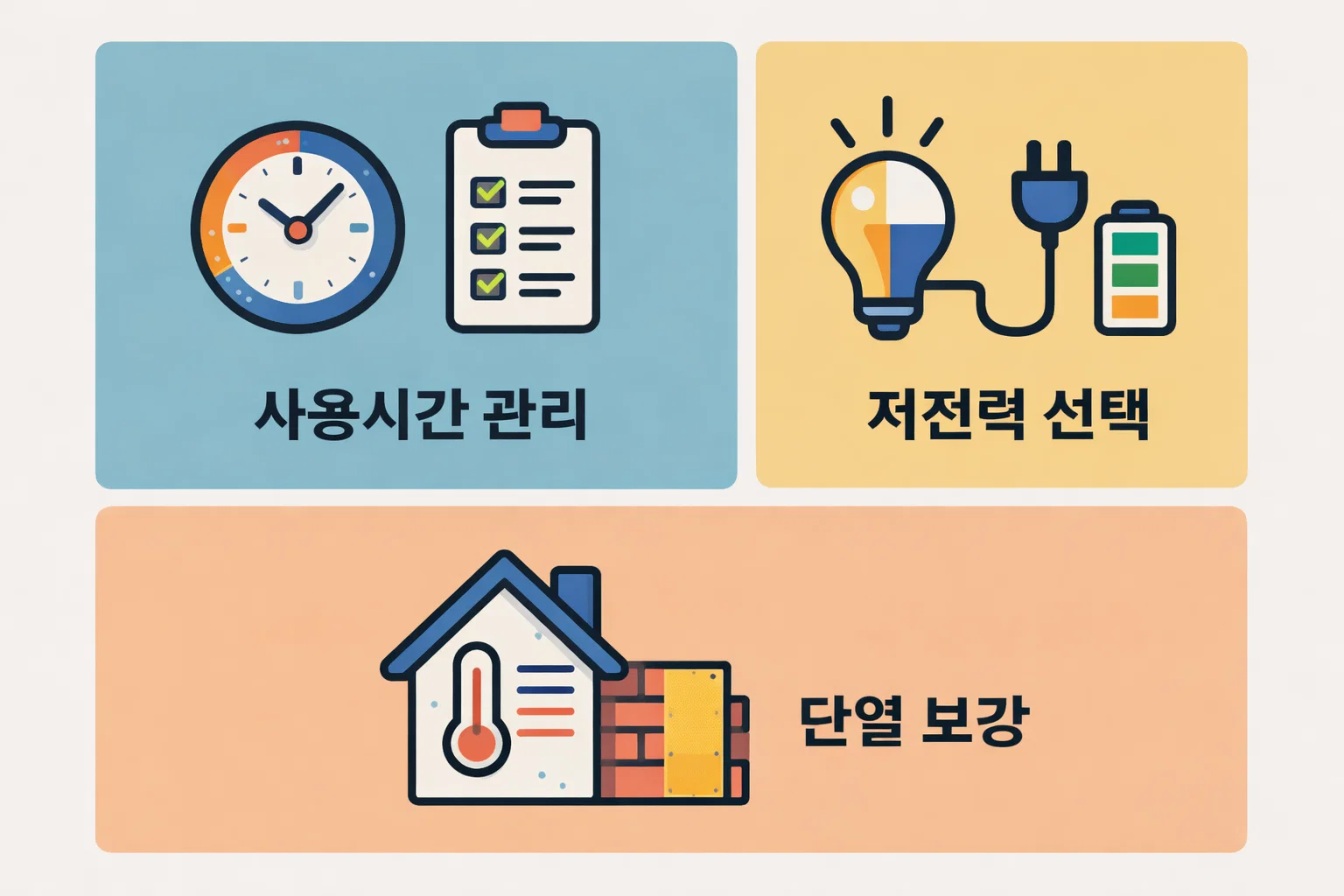전기히터 전기요금을 줄이기 위해 사용시간 관리 저전력 제품 선택 단열 보강 등 실제 비용 절감에 효과적인 전략을 정리한 안내 이미지입니다