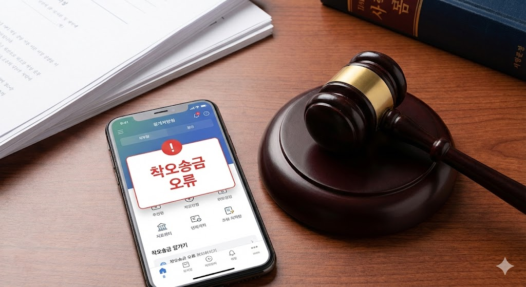 법적 신뢰도를 주는 판사봉과 스마트폰 송금 화면이 결합된 전문적인 이미지