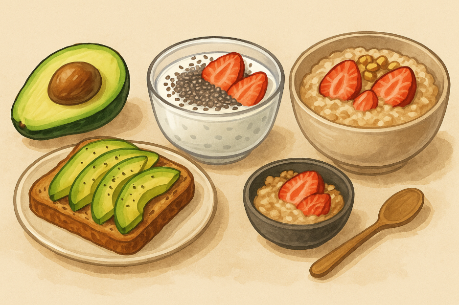 아보카도 토스트, 치아씨드 요거트, 오트밀이 나란히 배치된 다이어트 식단 일러스트