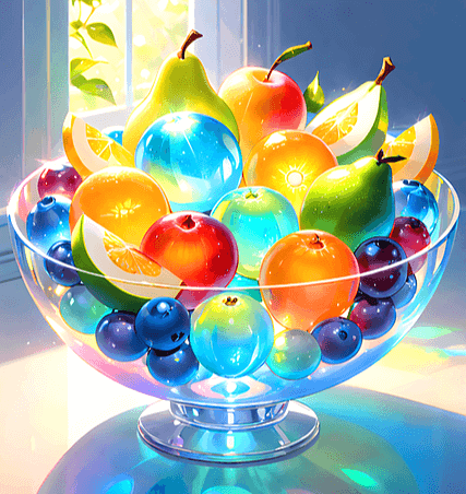 큰 유리 그릇에 유리로 만든 과일들이 가득하다. 유리 사과, 유리 오렌지, 유리 배, 유리 포도들이다.