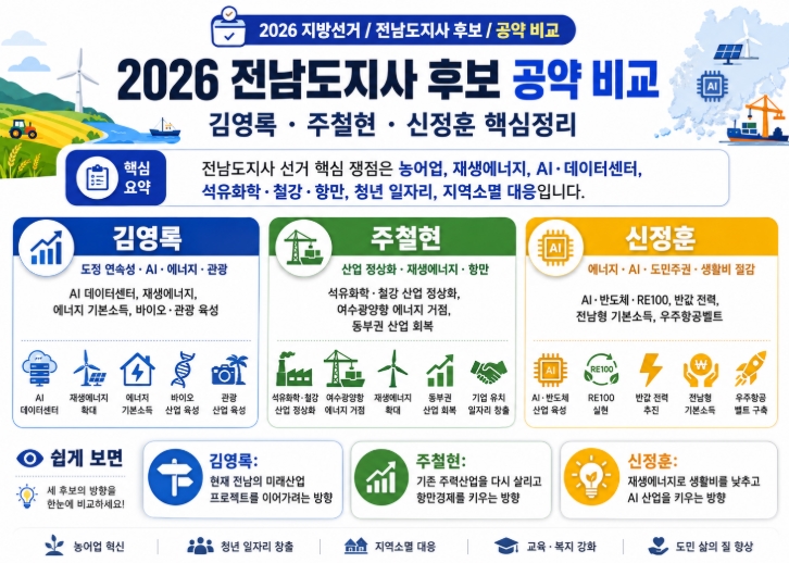 2026 전남도지사 후보 공약 비교 김영록 주철현 신정훈 핵심정리