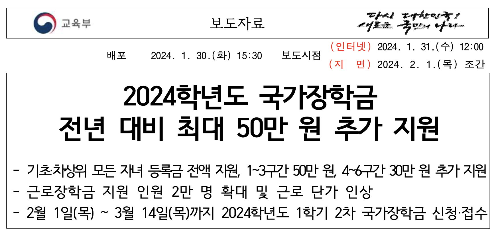2024년 1학기 국가장학금 신청기간, 지원금액, 심사기준