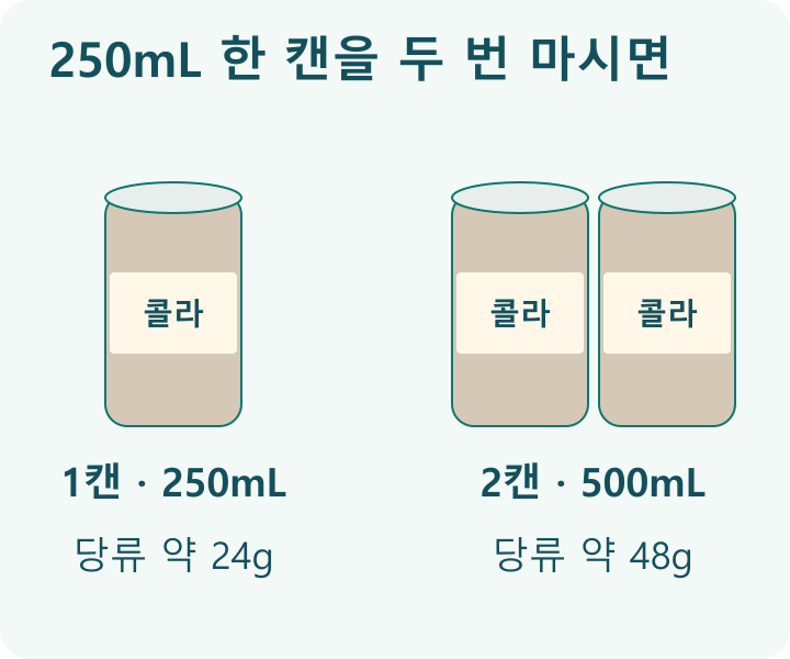 콜라를 두 번 마신 하루; 1캔: 250mL에서 당류 약24g; 2캔: 500mL에서 당류 약48g