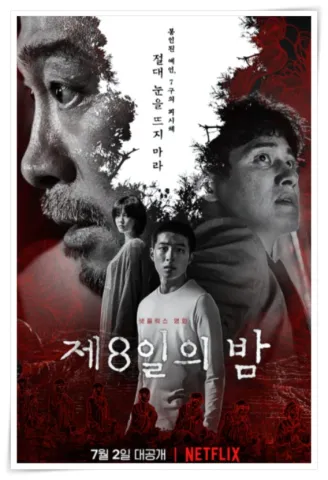 영화 '제8일의 밤'의 포스터. 흑백과 붉은색 배경 속 주요 출연진의 긴박한 얼굴 표정이 어우러져 있는 모습.