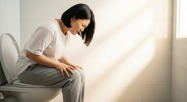 변기 위에 앉아 소변 볼 때 통증으로 불편해하는 한국인 여성