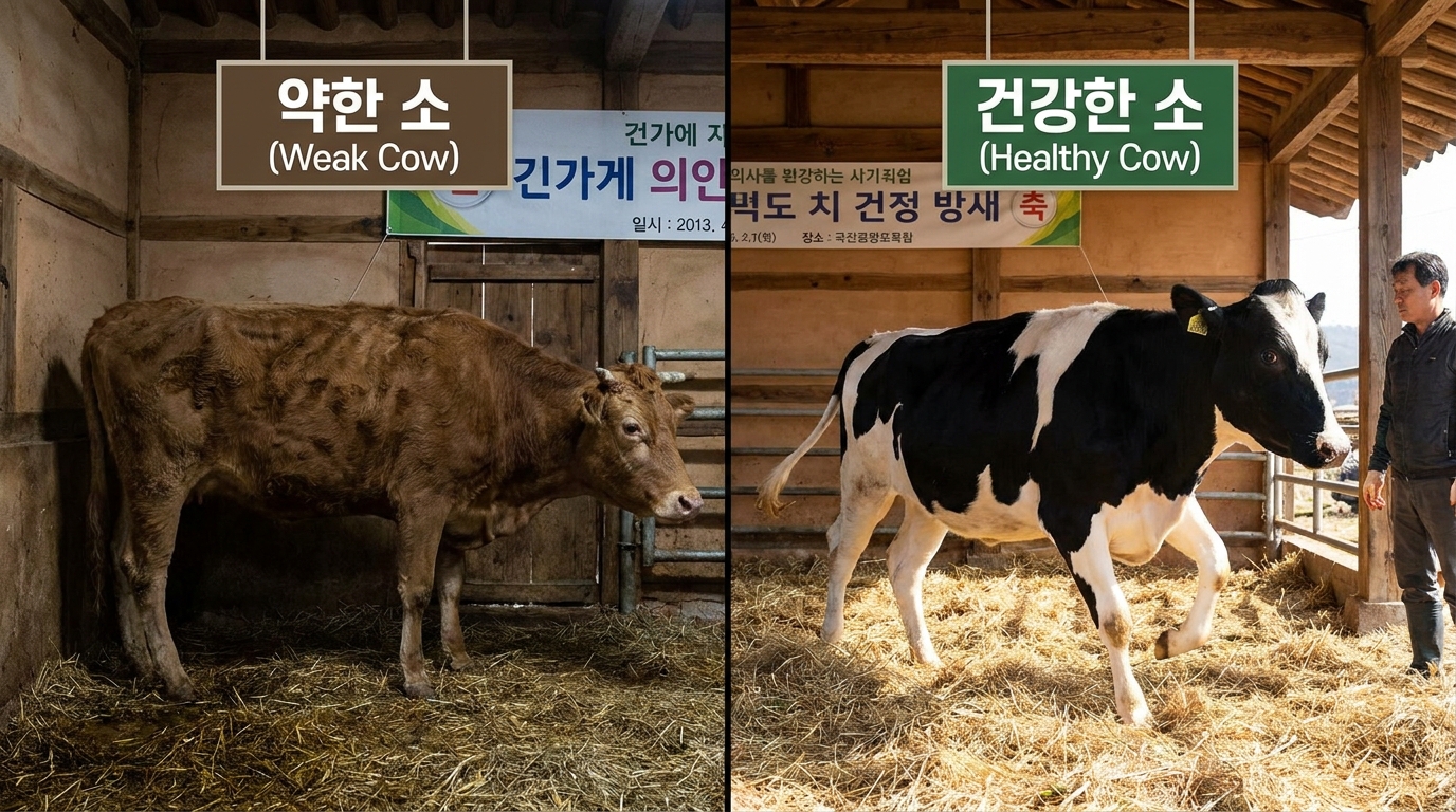 나트륨 결핍으로 인해 성장이 저하되고 기력이 약해진 가축의 상태 비교