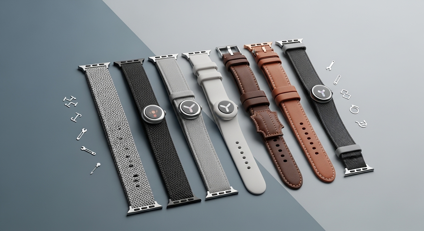 다양한 색상과 재질의 갤럭시 워치 및 애플 워치 밴드들이 깔끔하게 진열되어 커스터마이징 가능성을 보여주는 모습