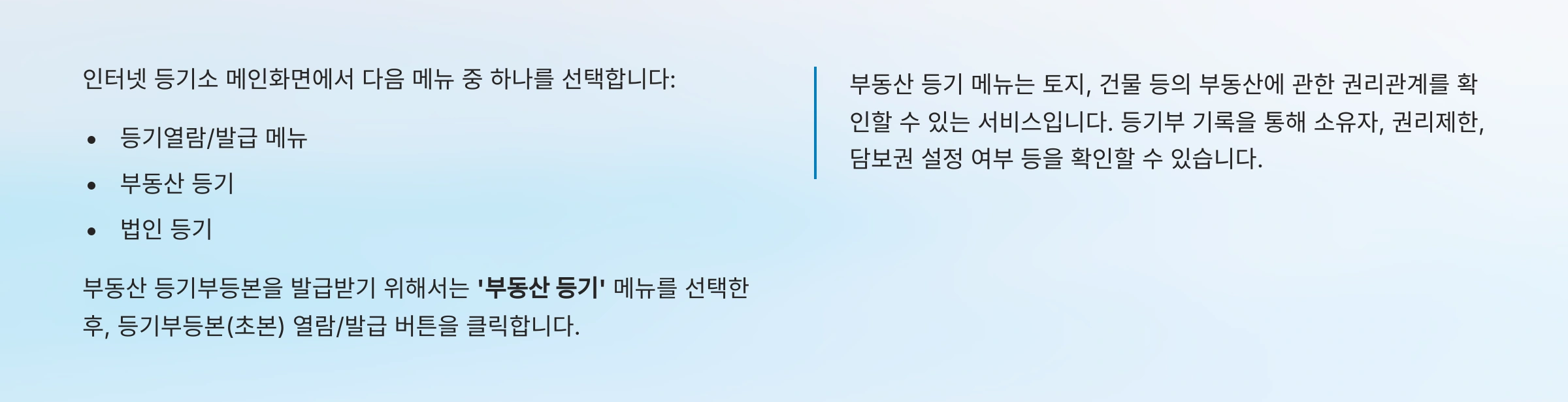 등기열람/발급 메뉴선택