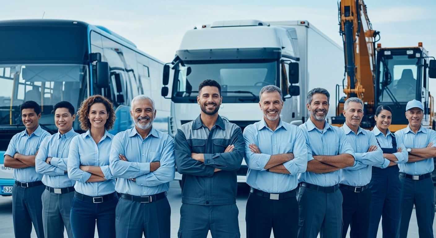 대형면허 취득 후 버스, 화물차 등 다양한 직업 분야로 진출한 사람들의 모습.