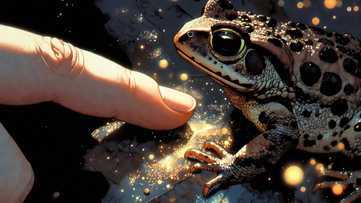 인간과 두꺼비의 생명적 교감을 표현한 감성 일러스트