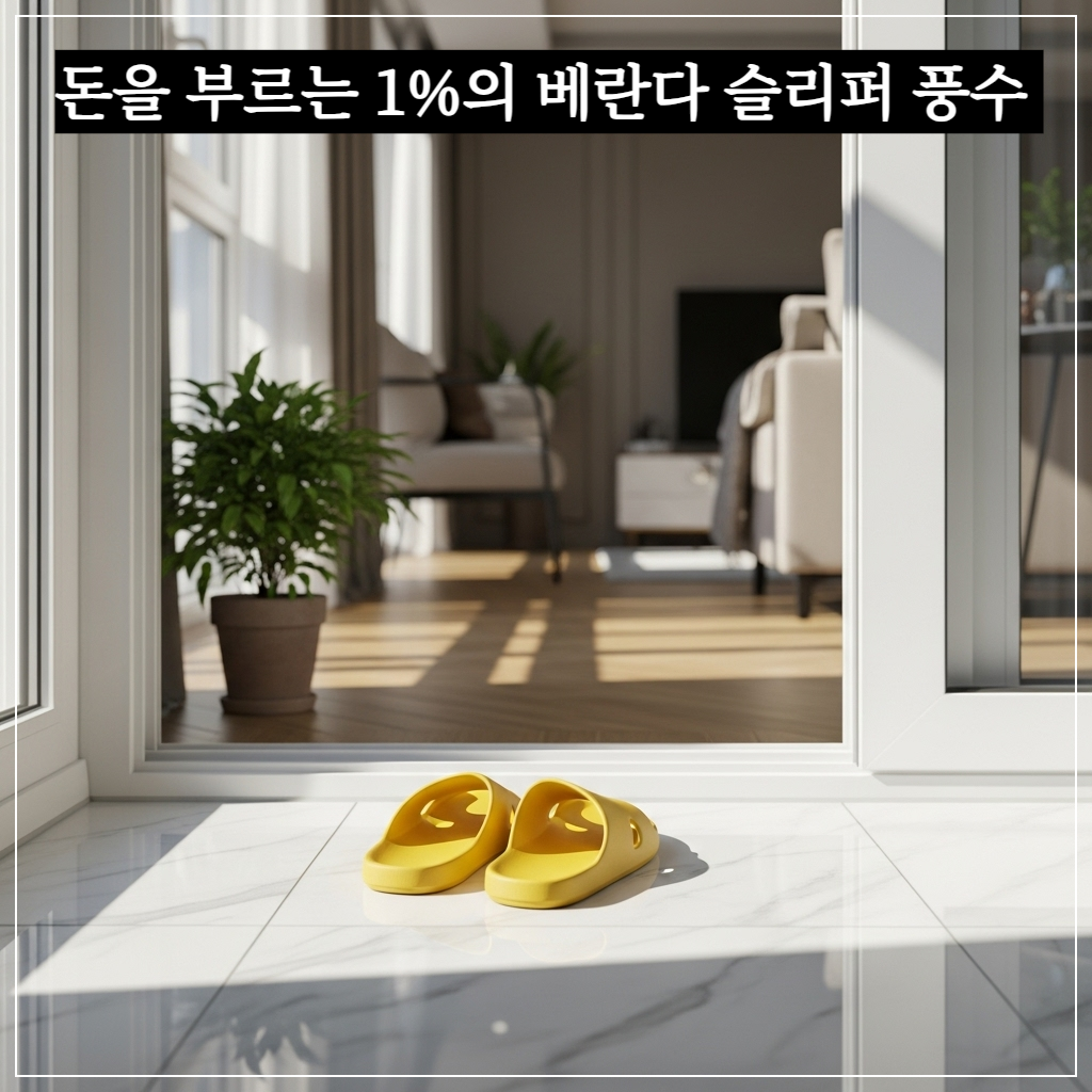 풍수적으로 깨끗하고 밝은 컬러의 슬리퍼를 배치하여 재물운을 높인 현대적인 아파트 베란다 모습
