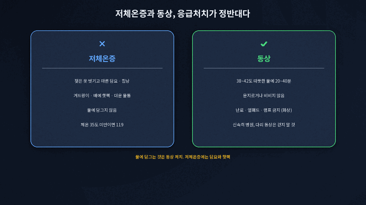 저체온증과 동상 응급처치 차이 담요 핫팩과 38에서 42도 물