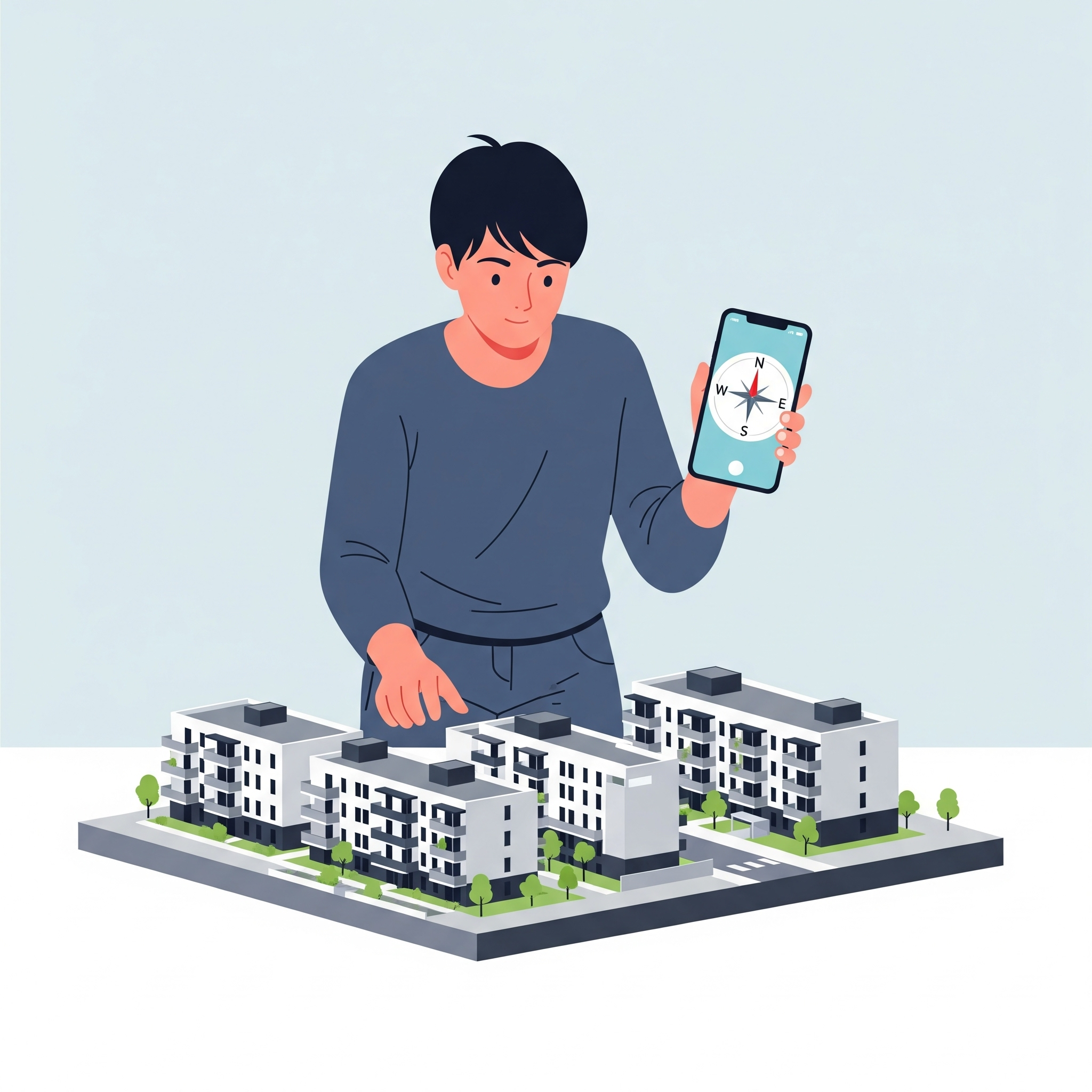 단지 모형도 앞에서 나침반 앱으로 향을 확인하고 동간 거리를 분석하는 모습