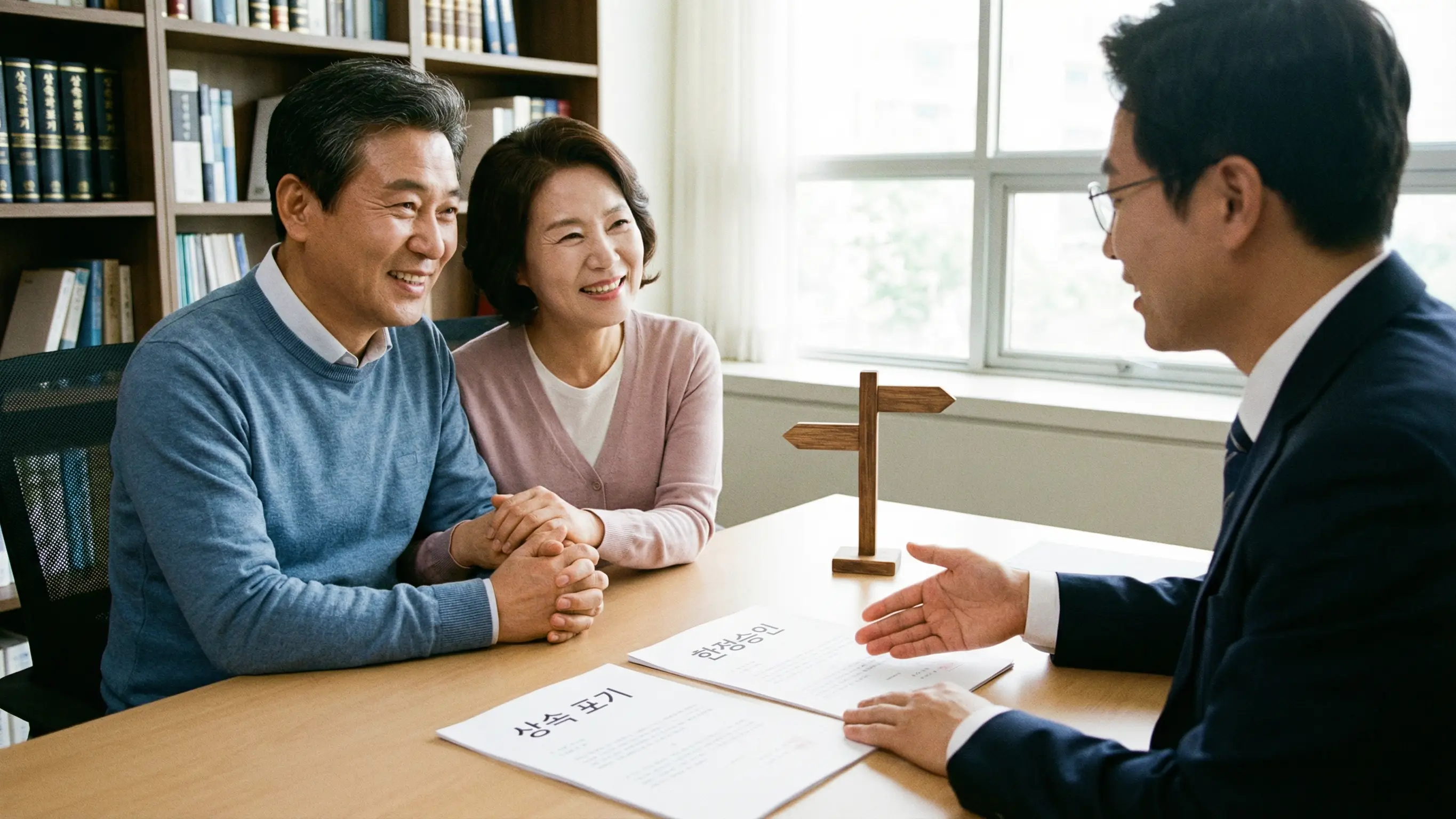 상속 포기와 한정승인이라는 두 가지 갈림길에서 법률 전문가의 조언을 듣고 안도하는 모습