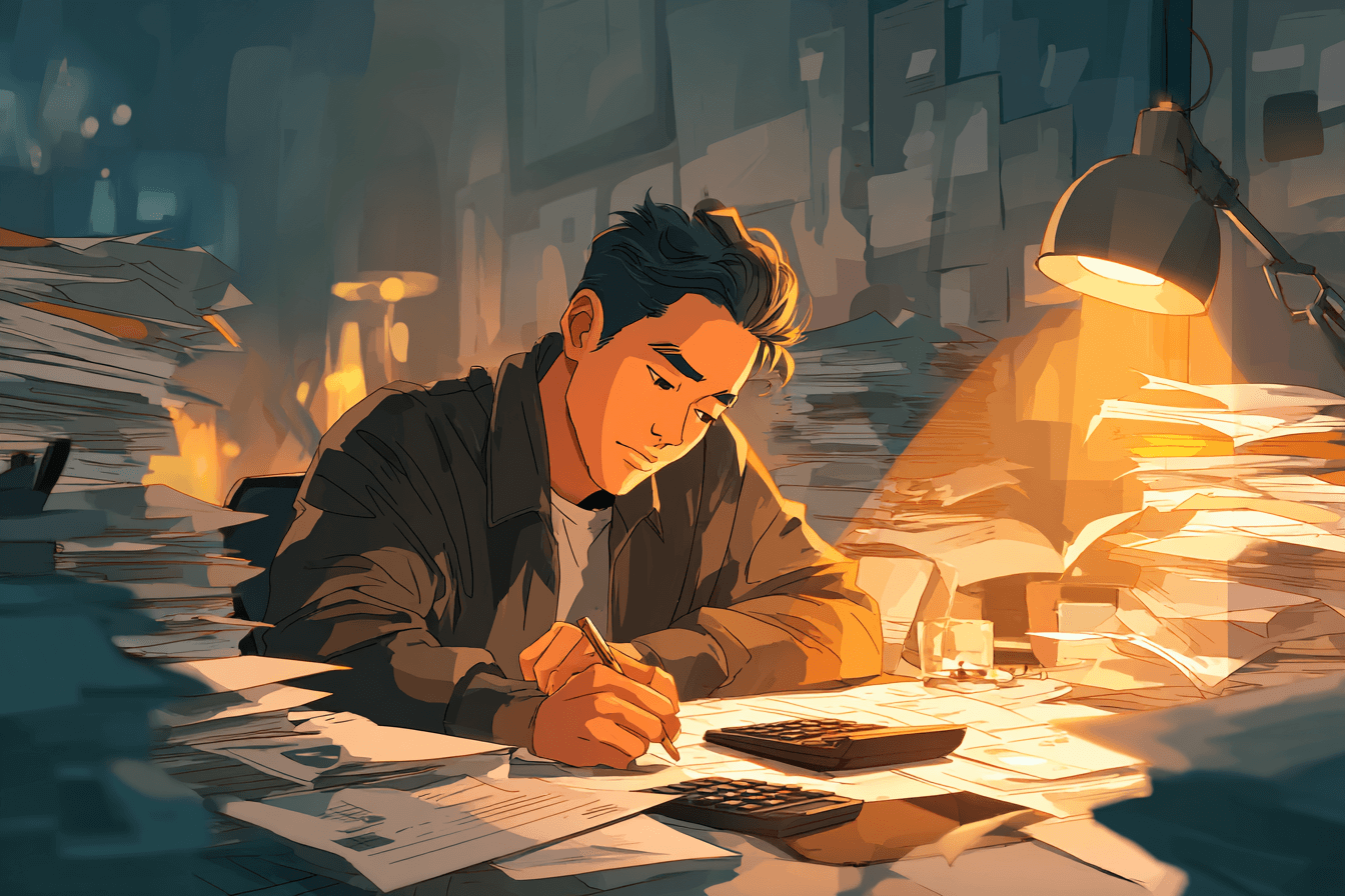 서류에-둘러쌓인-남성