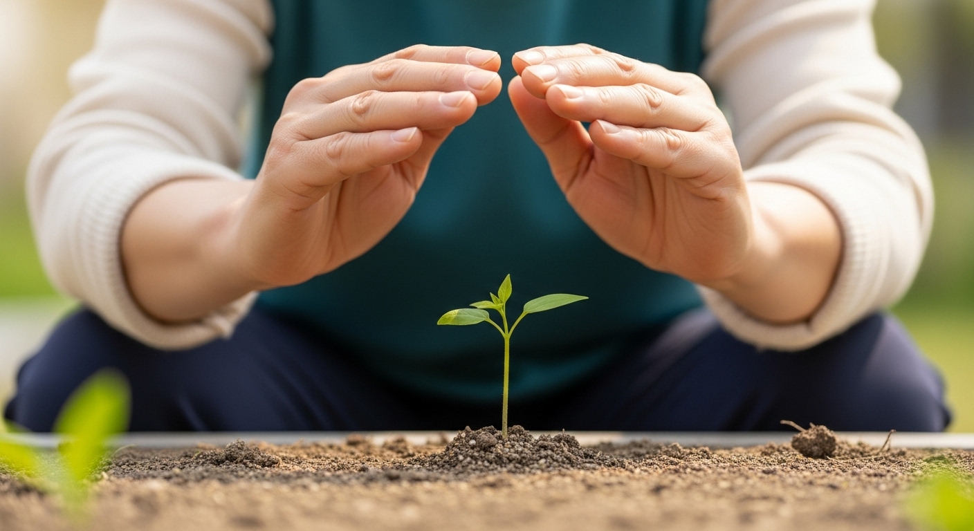 한 사람이 정원에서 연약한 새싹을 두 손으로 소중하게 감싸 보호하고 있다