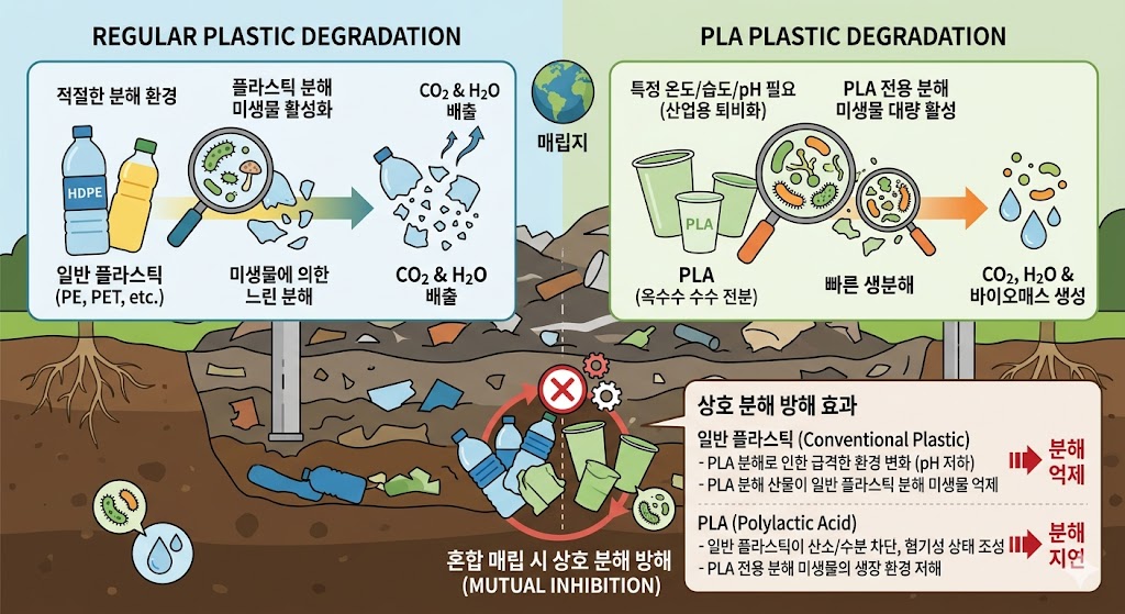 일반 플라스틱과 PLA, 섞여 매립되면? 상호 분해 방해 효과 직접 관찰