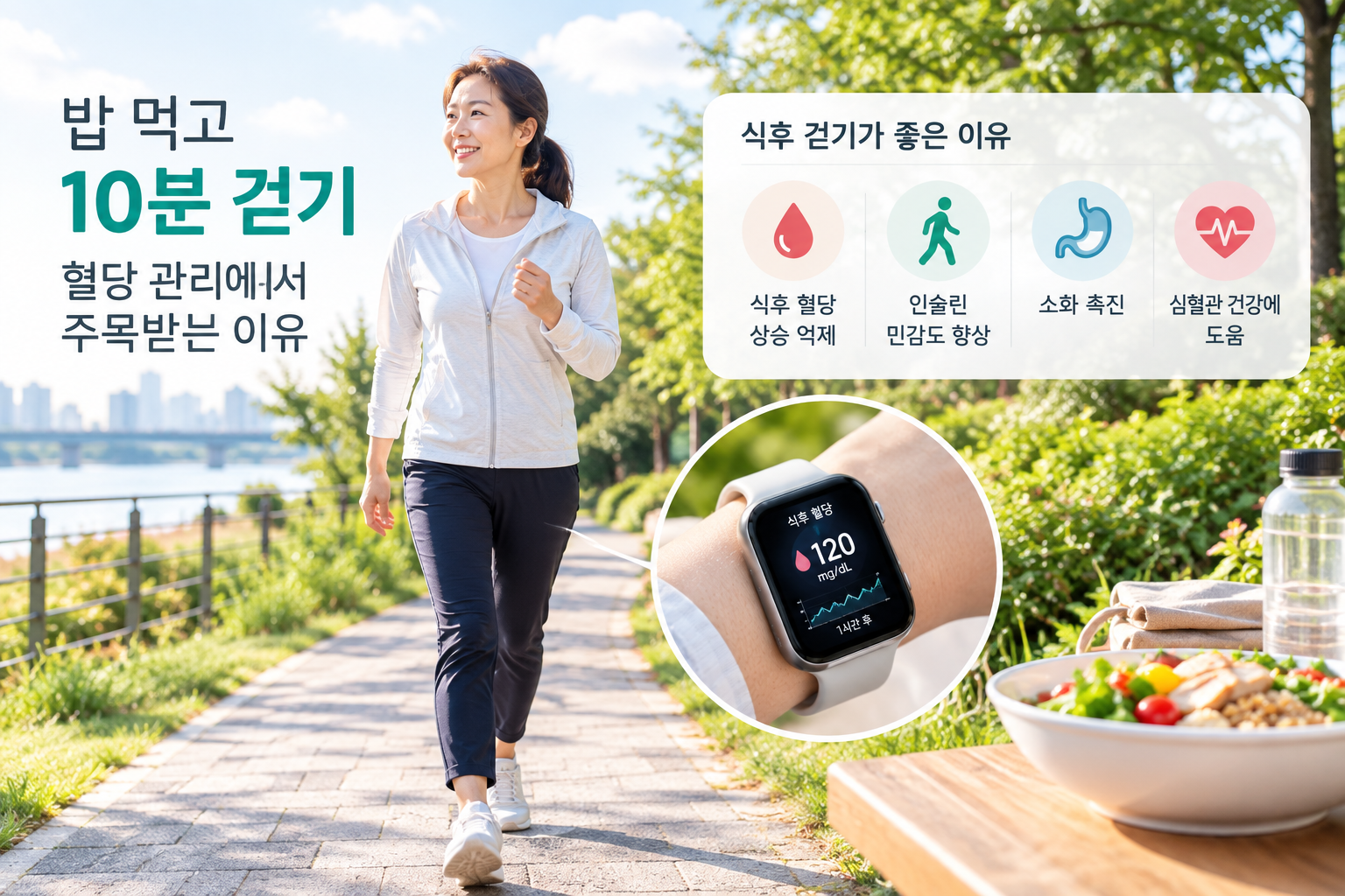 식사 후 10분 걷기로 식후 혈당을 관리하는 여성과 스마트워치 혈당 데이터를 보여주는 건강관리 이미지