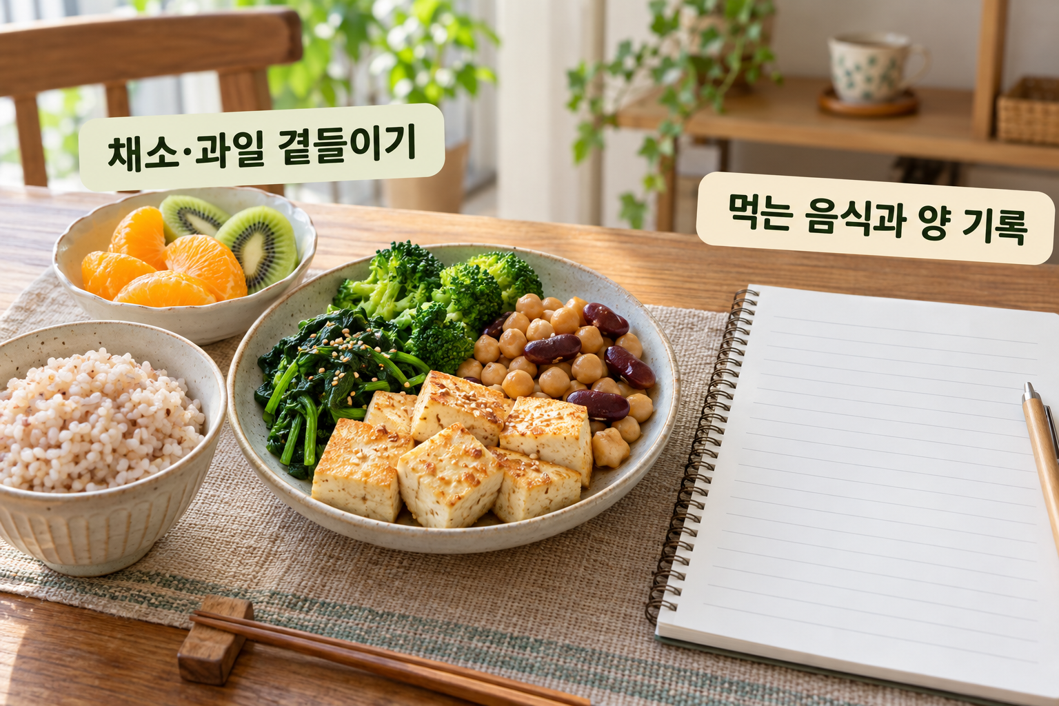 두부와 콩·채소·과일을 곁들인 식사 옆에 식사 기록지를 둔 모습