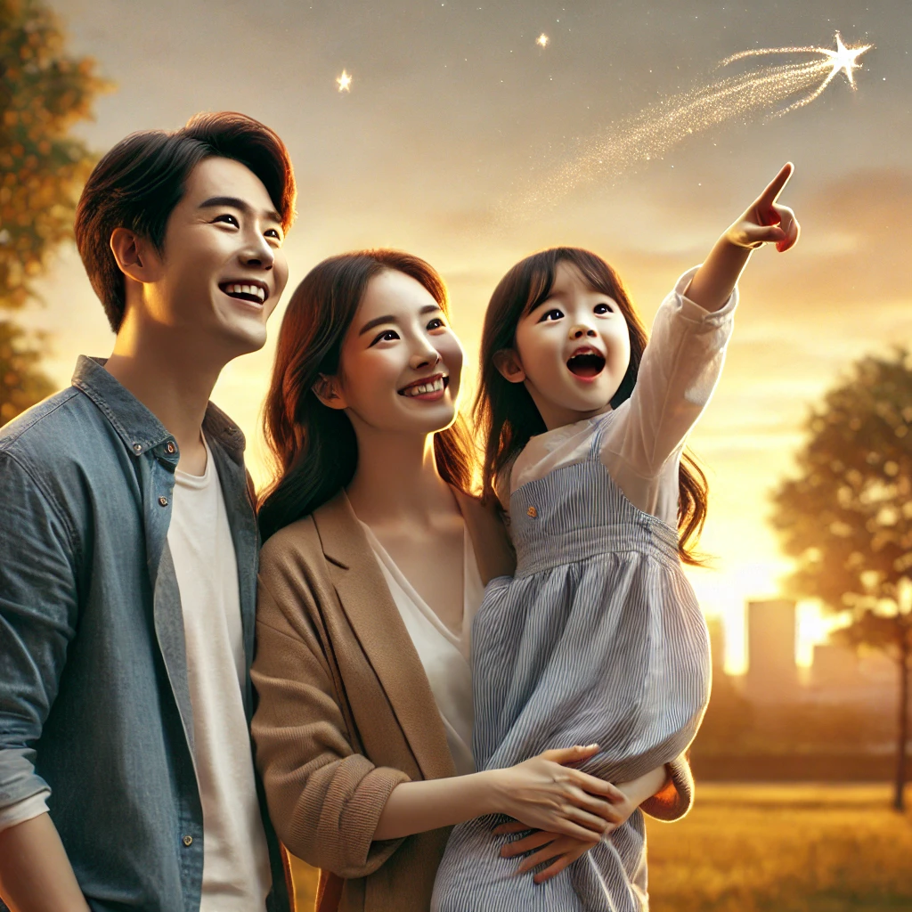 황금빛 노을 속 공원에서 딸이 하늘을 가리키며 별을 꿈꾸는 장면. 부모가 자랑스러운 눈빛으로 딸을 바라보는 가족