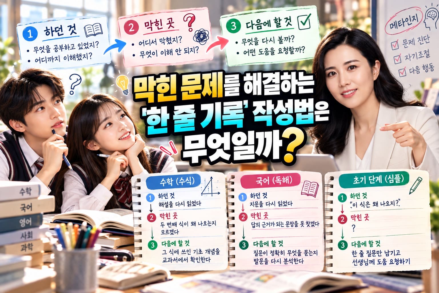 '내가 하던 것 → 막힌 곳 → 다음에 할 것'의 3단계 구조를 통해 현재 상태를 명확히 하고, 즉시 실행 가능한 다음 액션을 설정하는 방법입니다.