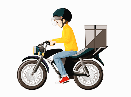 오토바이를 탄 남자 배달부가 있다. 노란 셔츠를 입었고 검정 헬맷을 썼다.