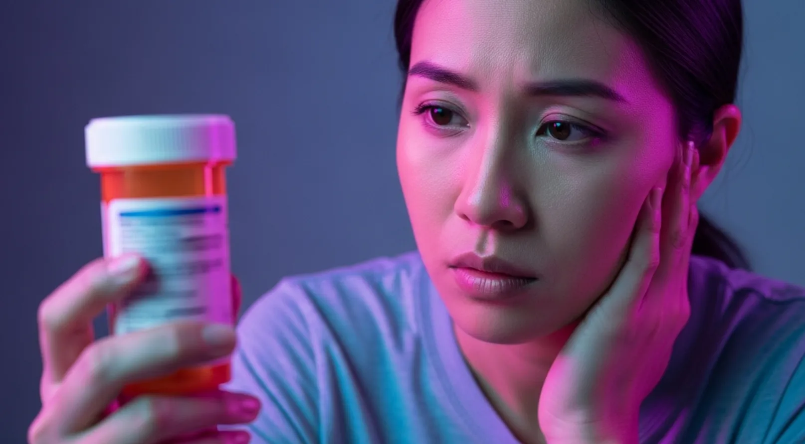 한 여성이 비타민D 약병을 손에 쥐고 바라 보면 고민에 쌓인 장면