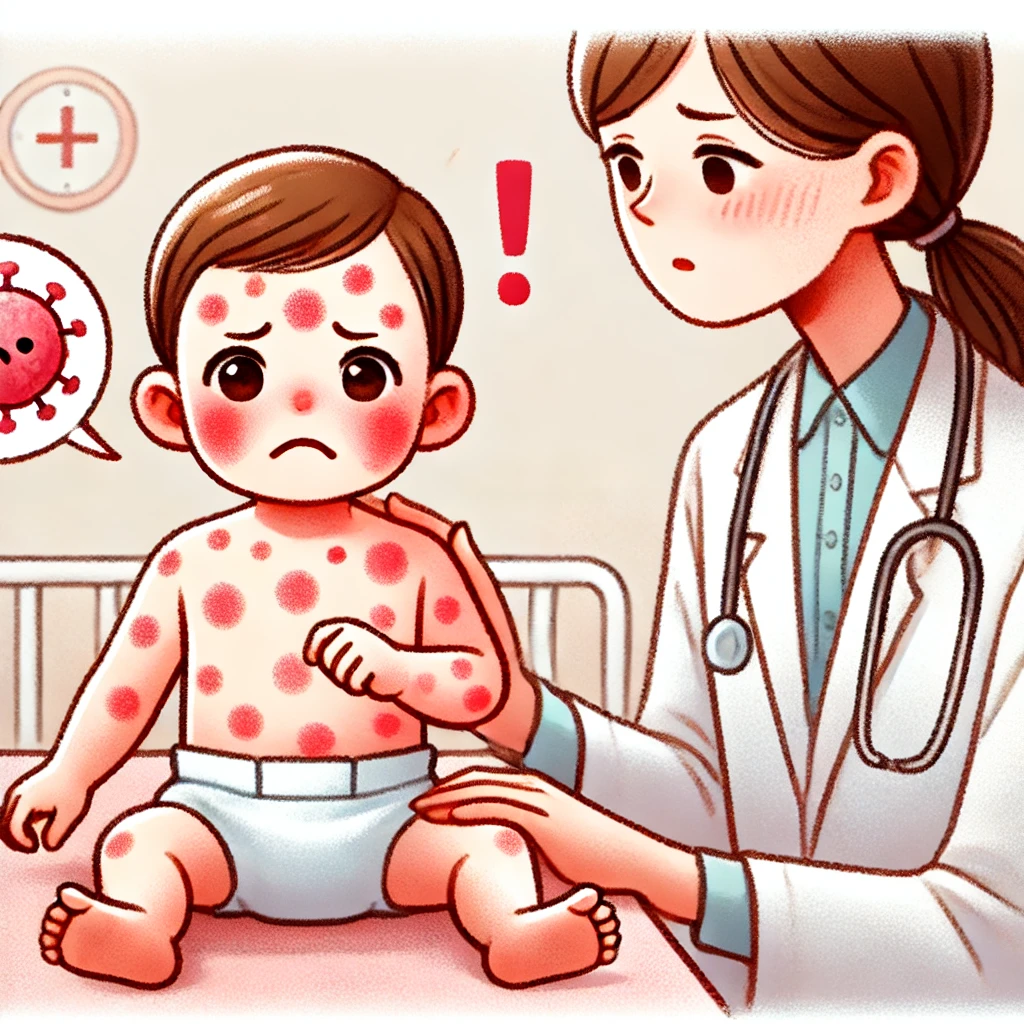 고열 후 분홍빛 발진이 나타나는 아기의 모습