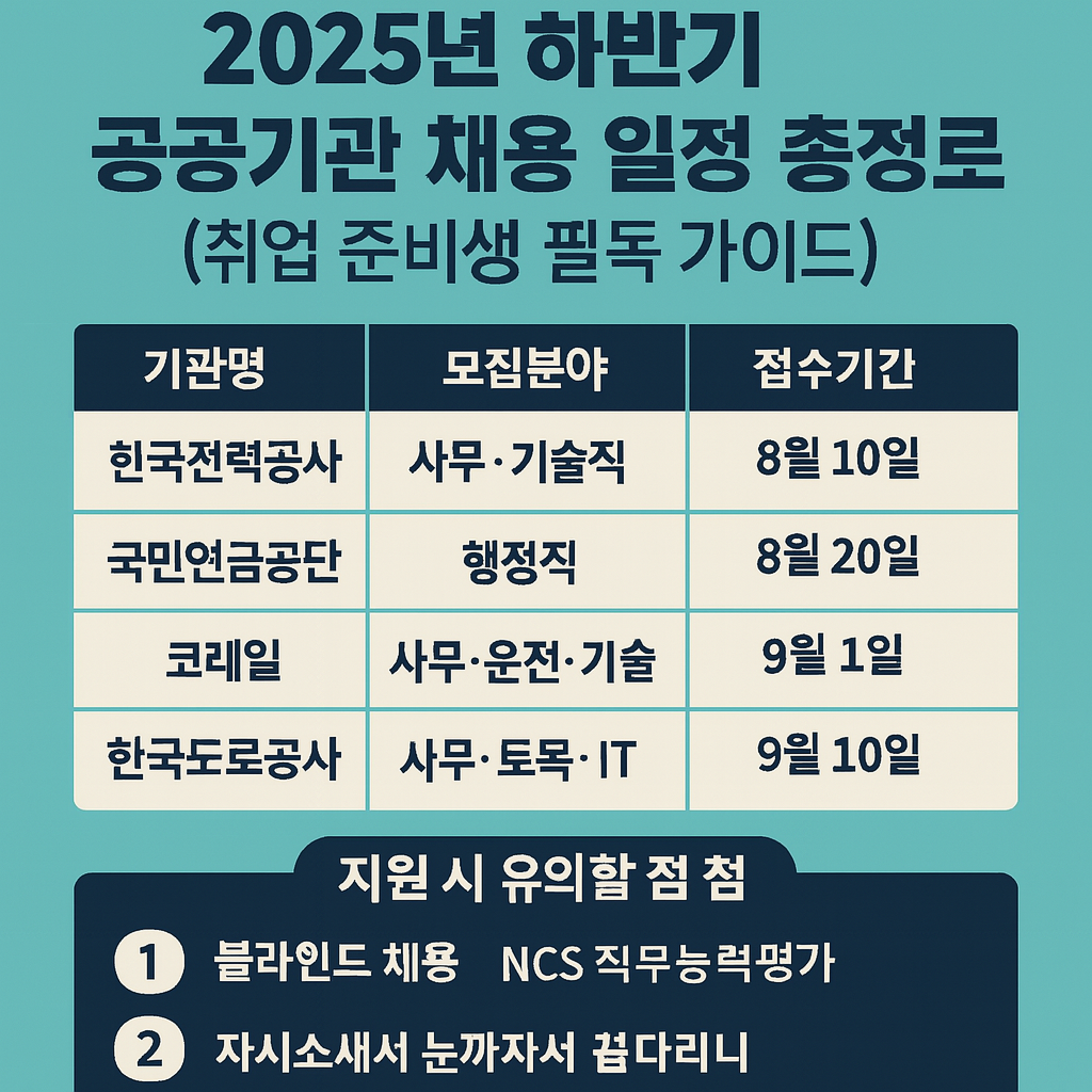 2025년 하반기 공공기관 채용 일정과 지원 시 유의사항 모바일 최적화 인포그래픽