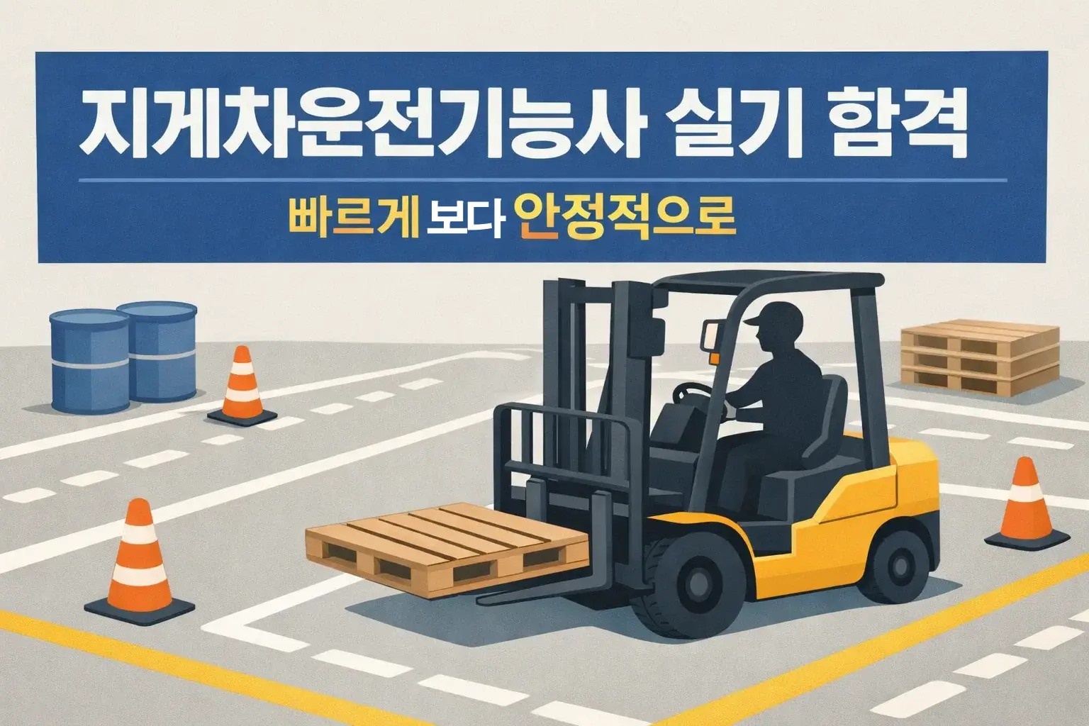 지게차운전기능사 실기 합격 글의 전체 흐름을 보여주며 시험장 구성과 안전 운전 중심의 합격 방향을 이해하도록 돕는 썸네일 이미지