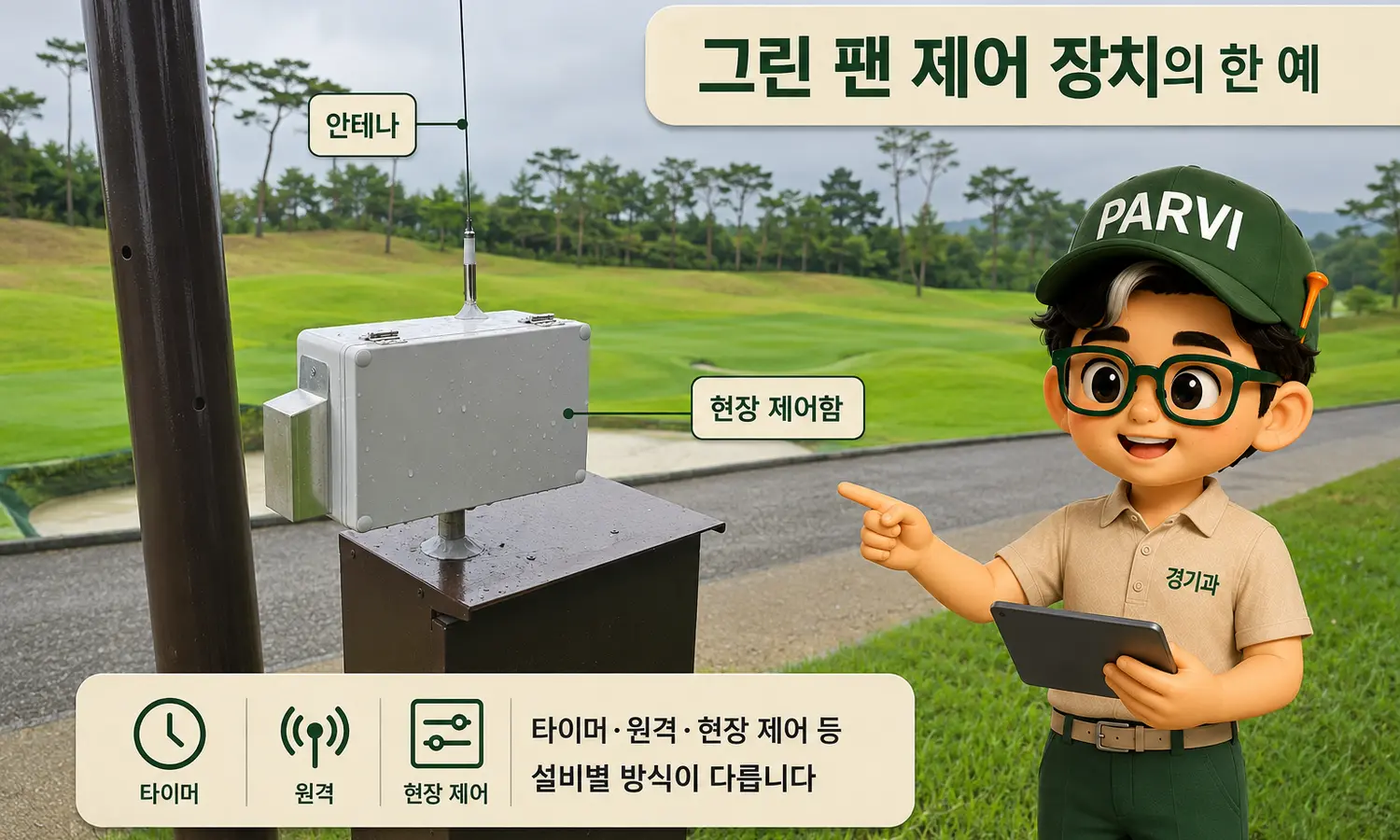 골프장 그린 팬의 안테나와 현장 제어함을 설명하는 경기과 캐릭터