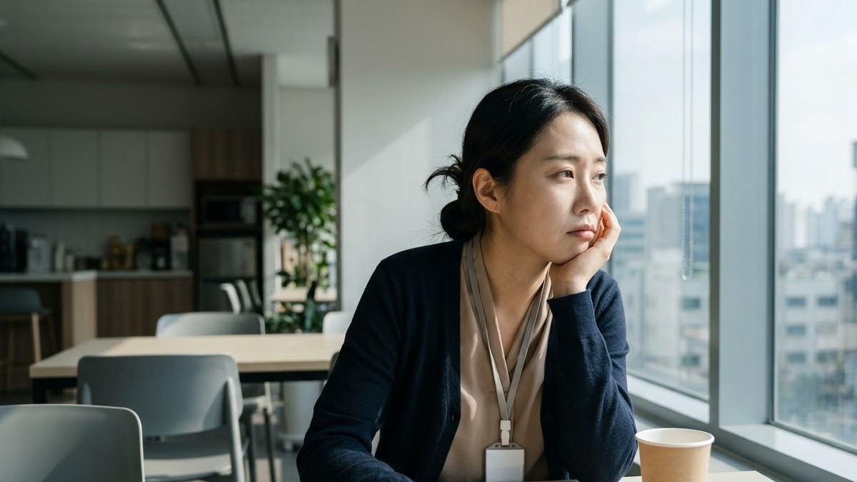 점심 이후 회사 휴게실에서 턱을 괴고 멍하니 창밖을 보는 30대 여성 직장인