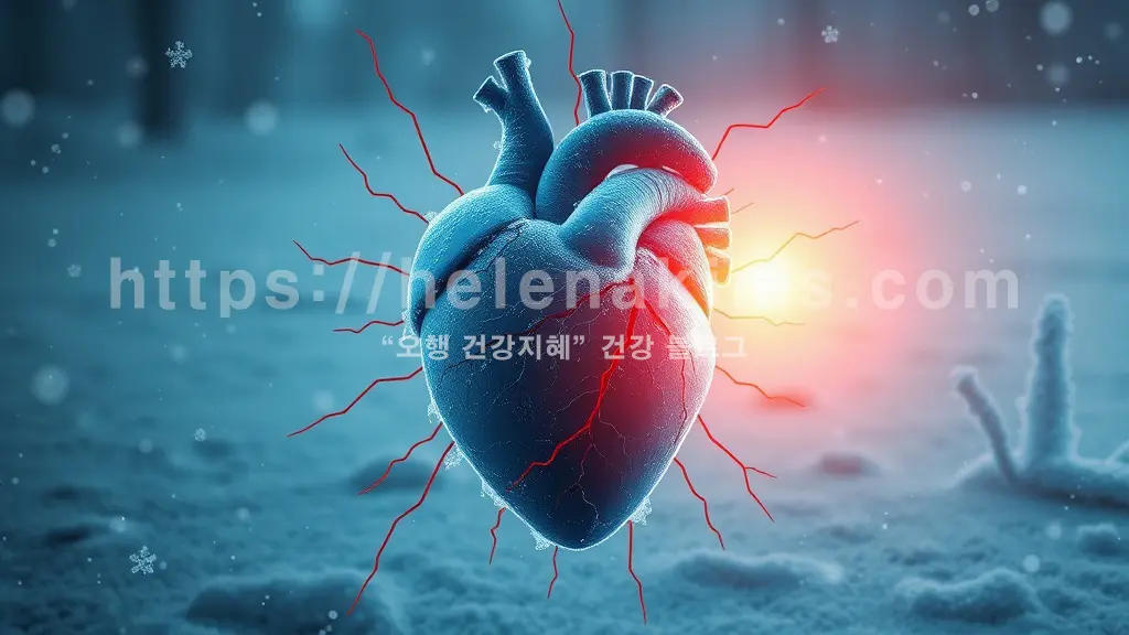 푸른빛으로 차갑게 얼어붙어 있는 심장, 심장 주변으로는 붉은색의 미세한 균열과 경고 신호가 섬광처럼 번져나가며, 허혈성 심장질환(심근경색, 협심증)의 위험성을 직관적으로 보여 주는 이미지.