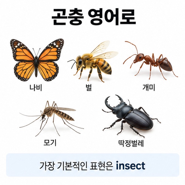 나비 벌 개미 모기 딱정벌레 등 여러 곤충을 배경으로 곤충 영어로라는 글자가 중앙에 놓인 영어 학습 인포그래픽