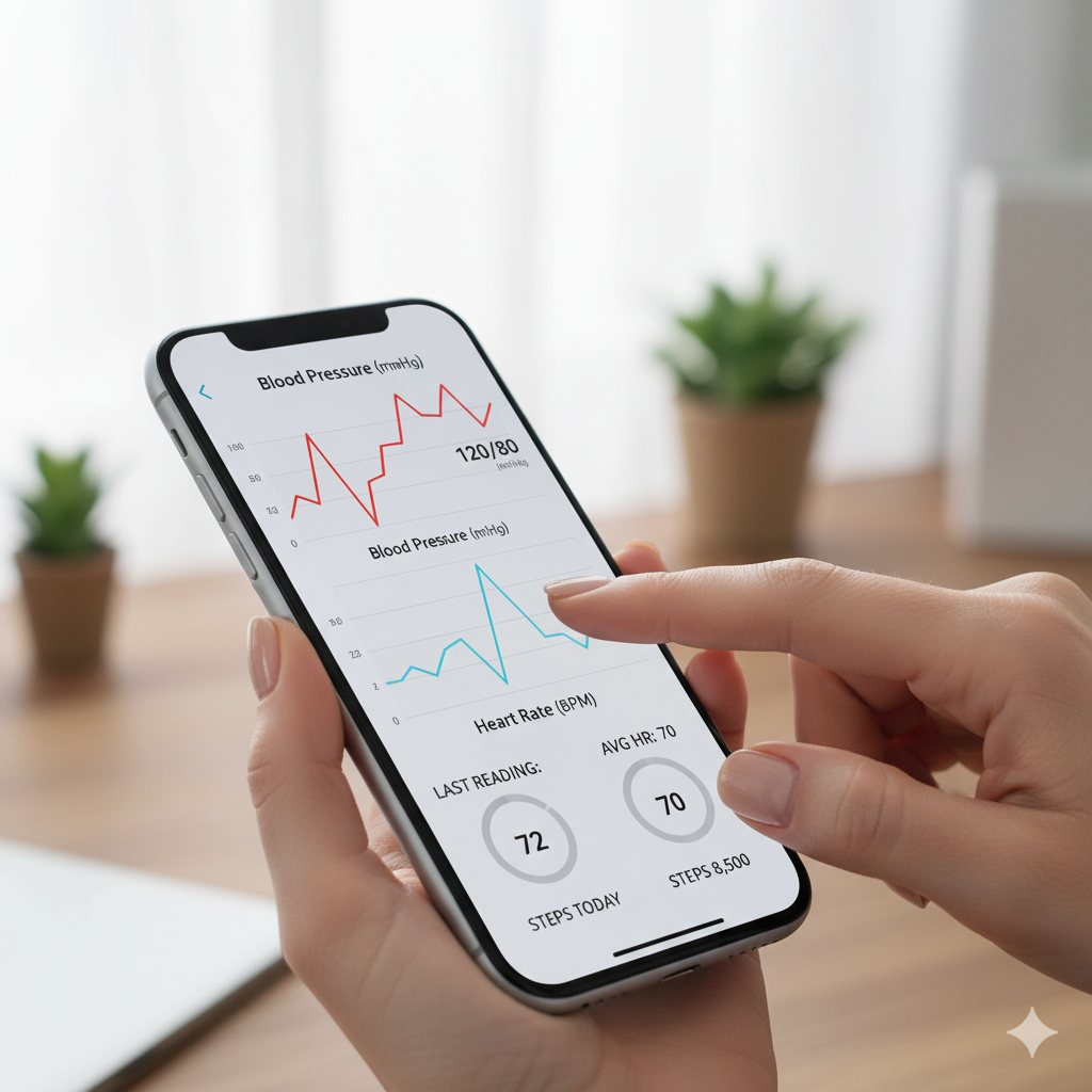 스마트폰에서 혈압 그래프를 확인하고 있는 건강관리 앱 화면.