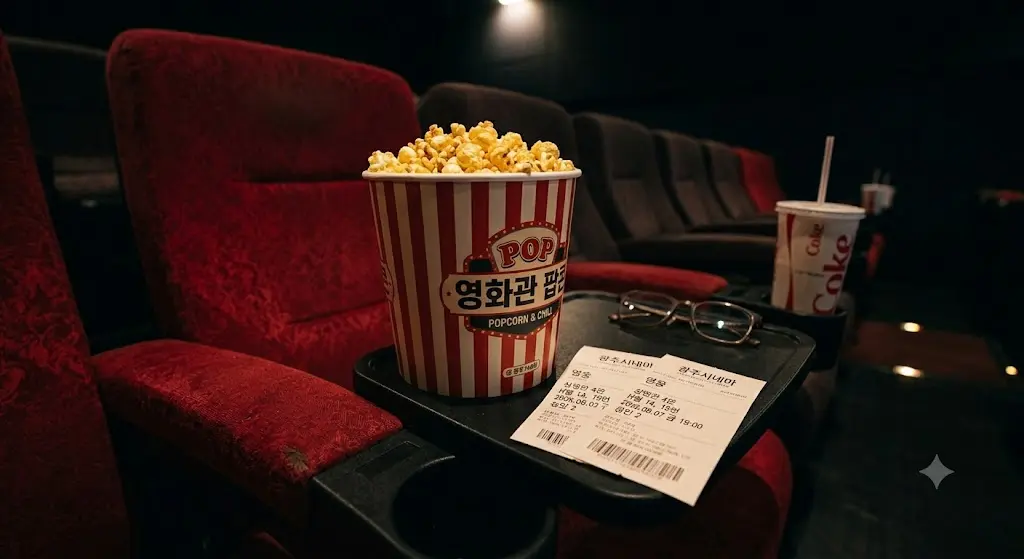 팝콘과 영화 티켓이 놓인 극장 좌석 정물 사진