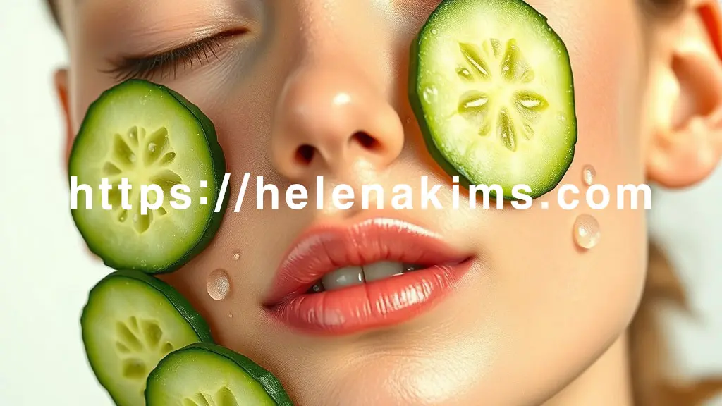 여성의 맑고 촉촉한 피부 볼과 이마 위에, 신선한 오이 슬라이스가 얹어져 있는 이미지.