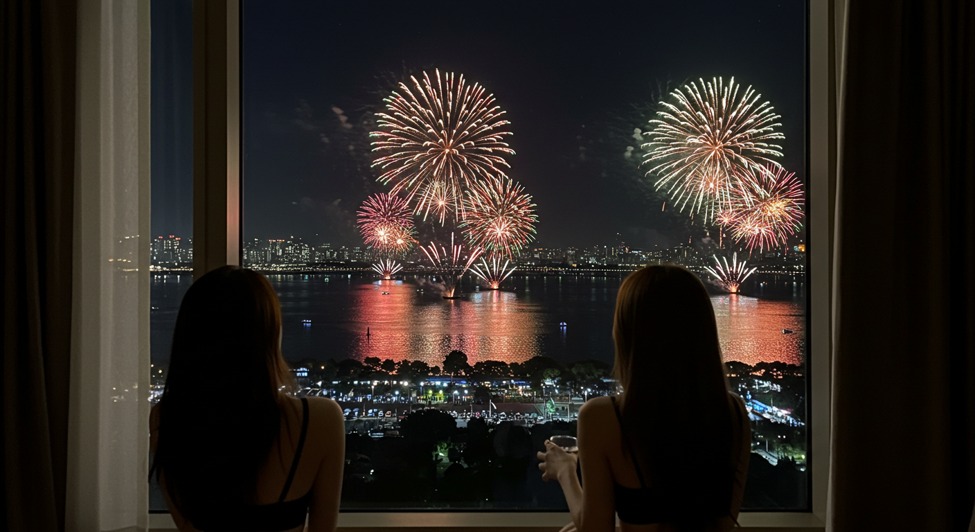 한강변 호텔에서 불꽃놀이를 보는 여인들
