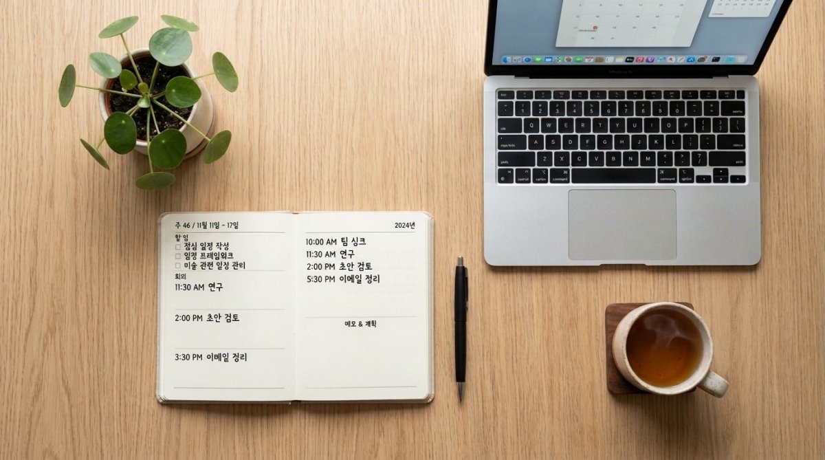 플래너와 차가 놓인 정돈된 업무 공간의 모습.