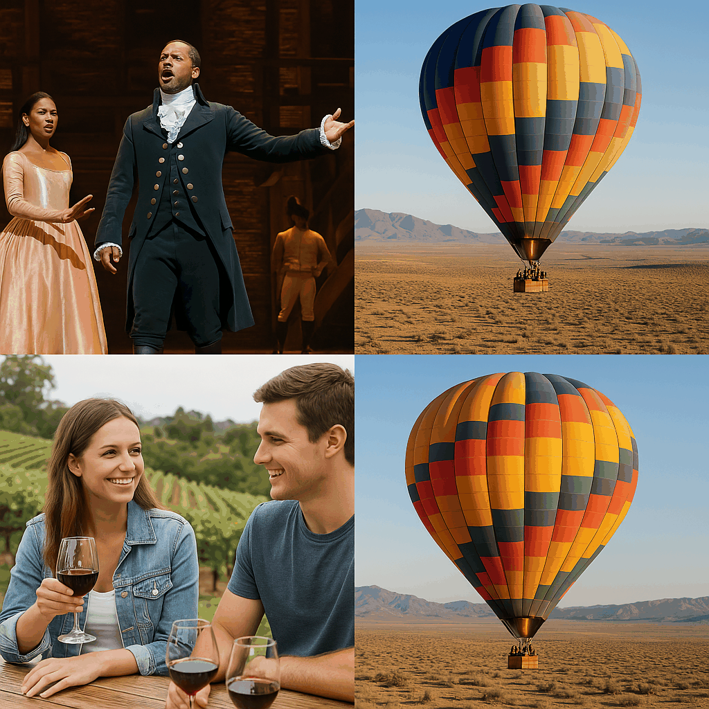 뉴욕 브로드웨이 공연, 네바다 사막 열기구, 캘리포니아 와이너리 투어 등 미국의 이색 체험을 담은 이미지