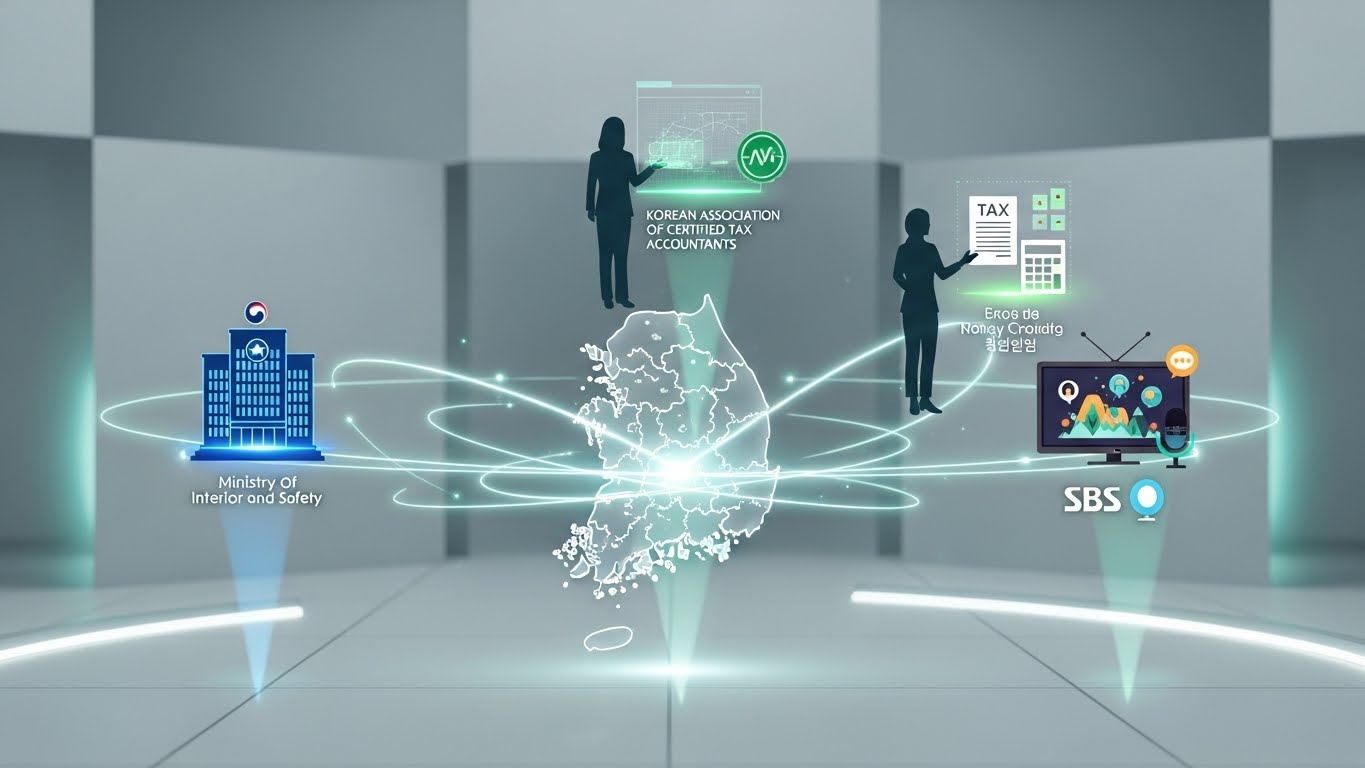 행정안전부, 한국세무사회, SBS가 손잡고 고향사랑기부제 활성화를 약속하는 모습, 세액공제와 지역 발전을 상징하는 요소들이 조화롭게 어우러진 그림.