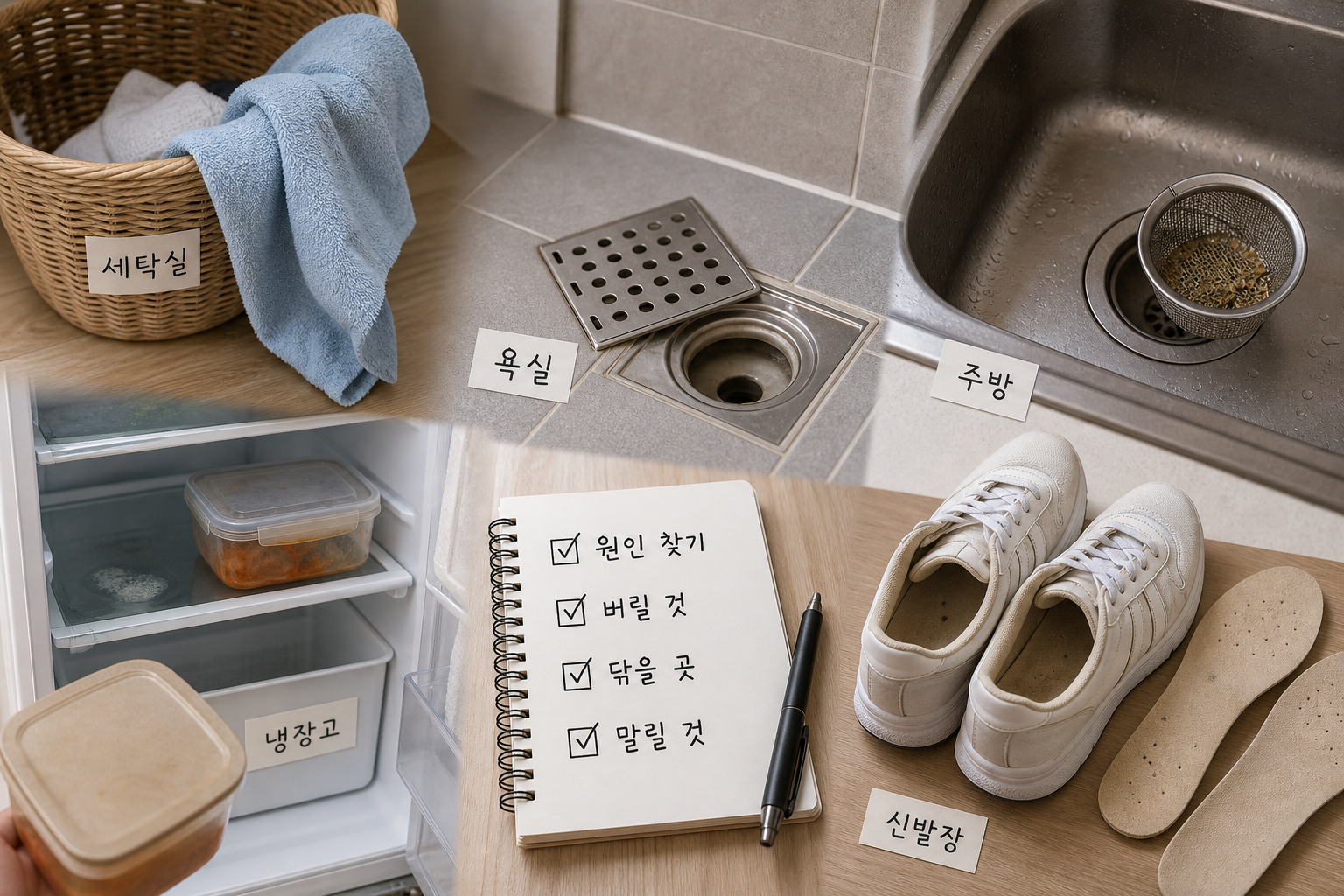 수건 배수구 싱크대 냉장고 신발장 등 집 냄새 원인을 공간별로 확인하는 장면