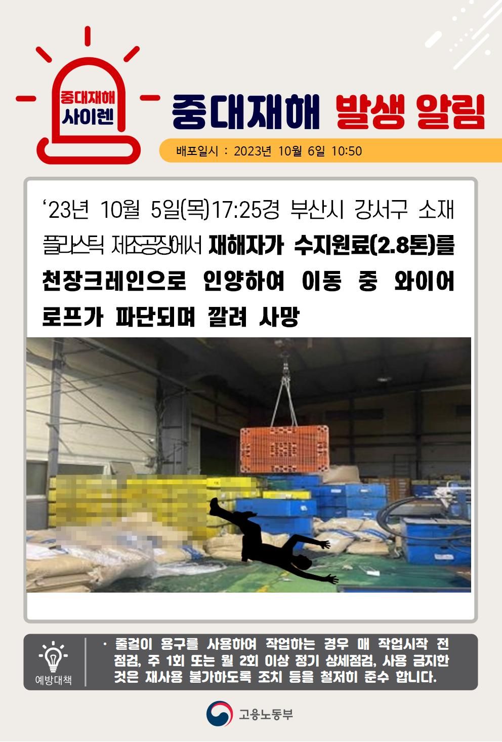 천장크레인으로 원료를 운반하던 중 섬유로프가 파단되어 깔림