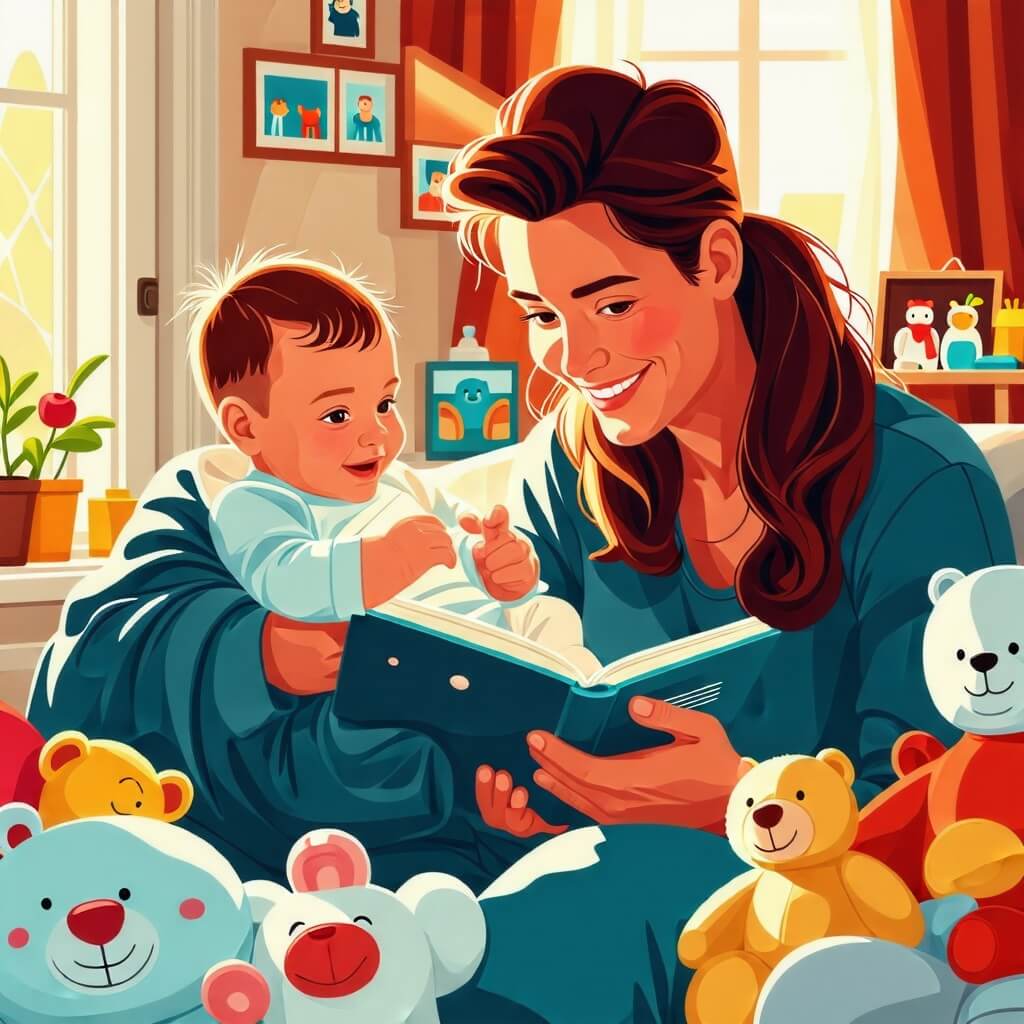 아이-책을잡고있는-엄마-곰돌이인형들