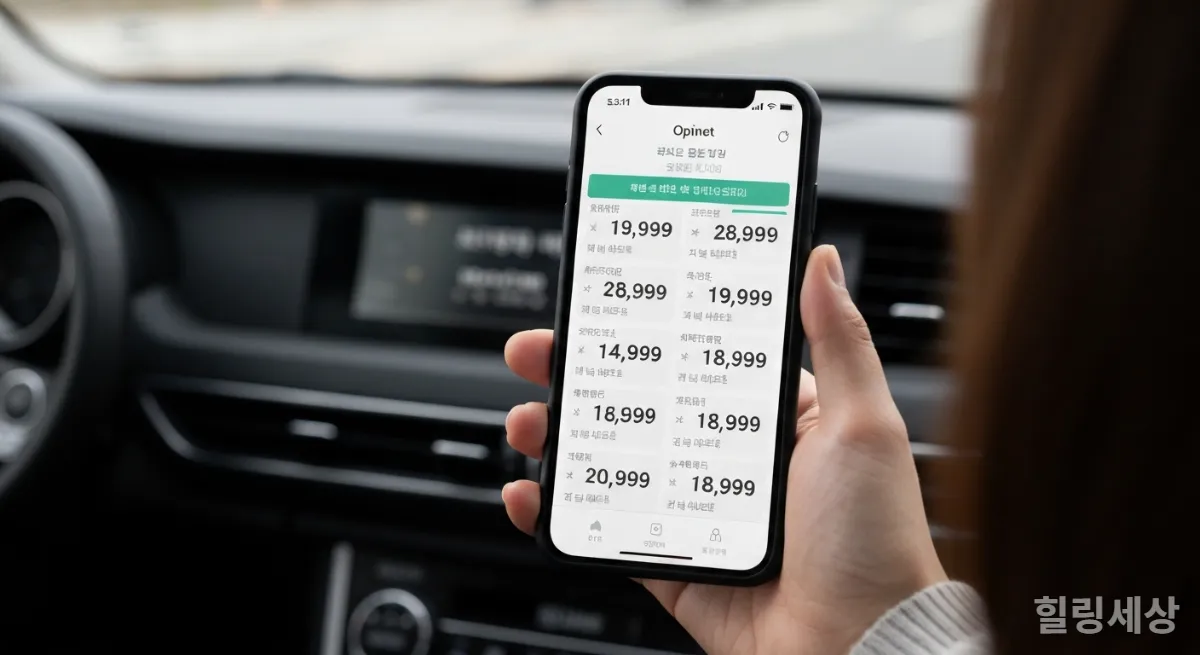 스마트폰으로 오피넷 앱을 활용해 주변 주유소 가격을 비교하는 모습