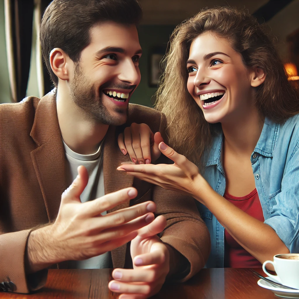 카페에서 남녀가 공통 관심사에 대해 대화하며 활발히 교감하는 모습